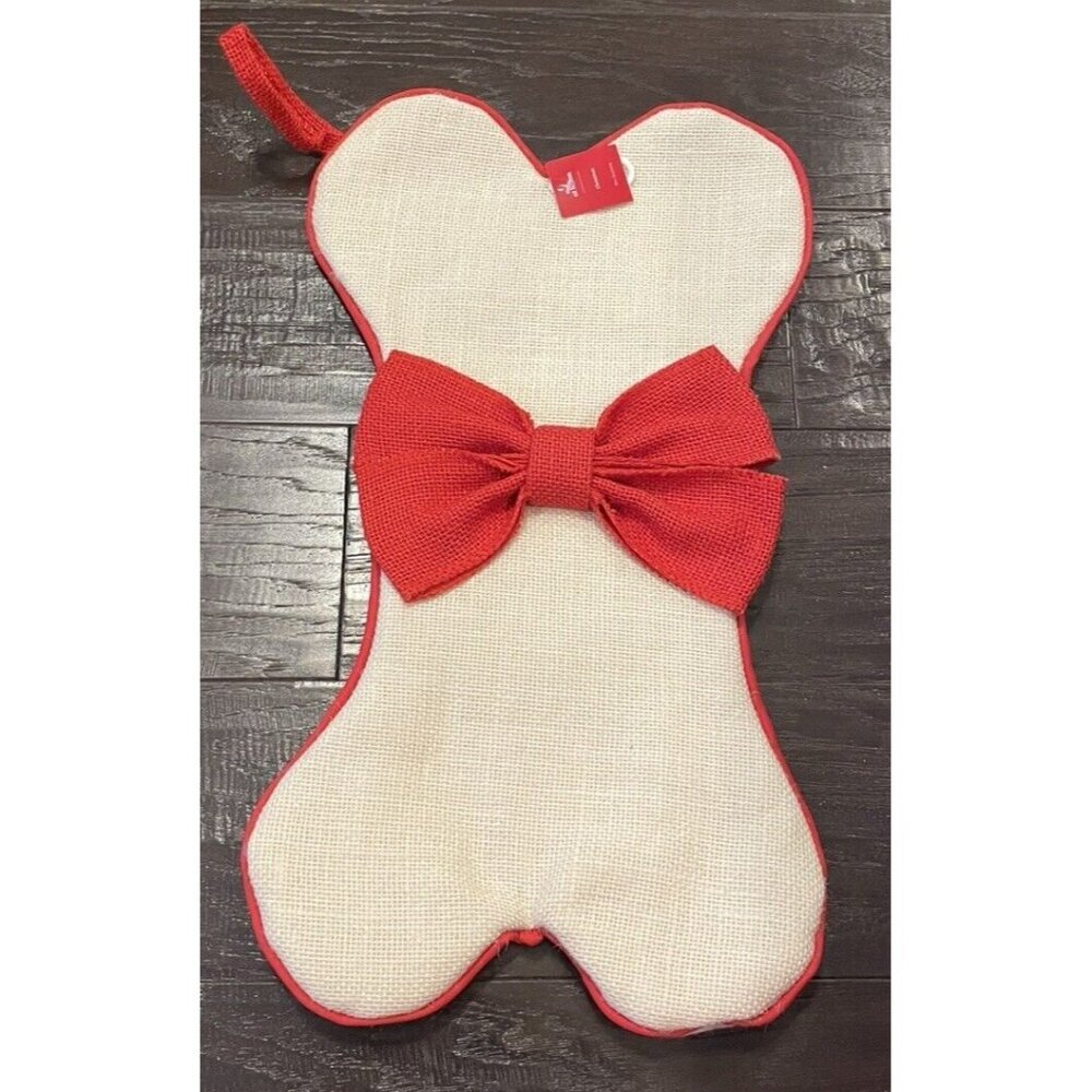 Christmas Stocking Red Dog Bone Shape Burlap‎ NEW 18 Inch Rustic Cabin